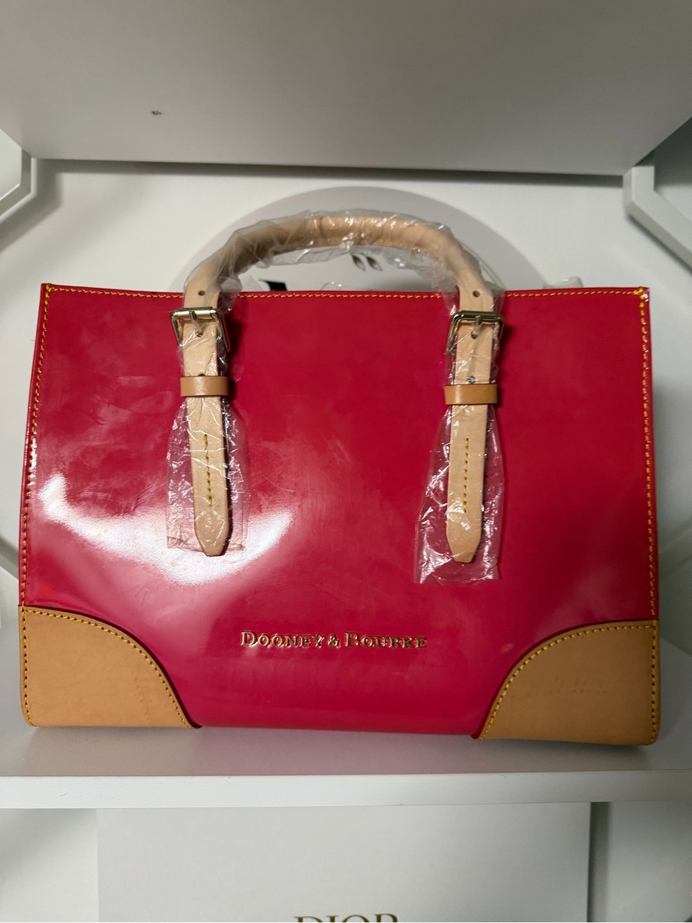 Dooney & Bourke Red Patent Satchel with Tan Accents